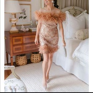 Rose gold sequin and faux feather mini dress
